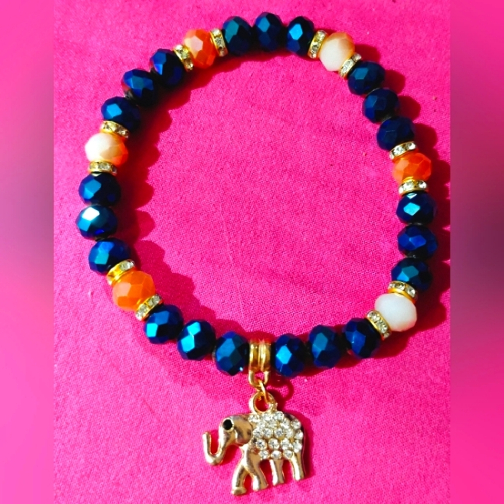 Gorgeous Crystal Beaded Bracelet with Elephant Charm, NEW